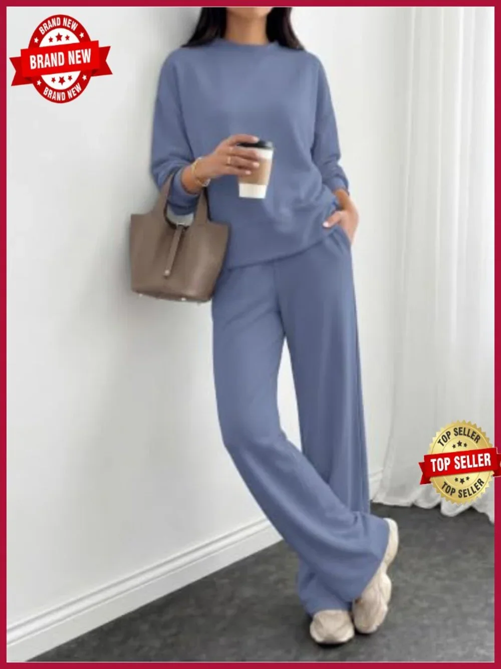 Womens 2 Piece Lounge Set Oversized Crewneck Sweatshirt Wide Leg Pants Pockets